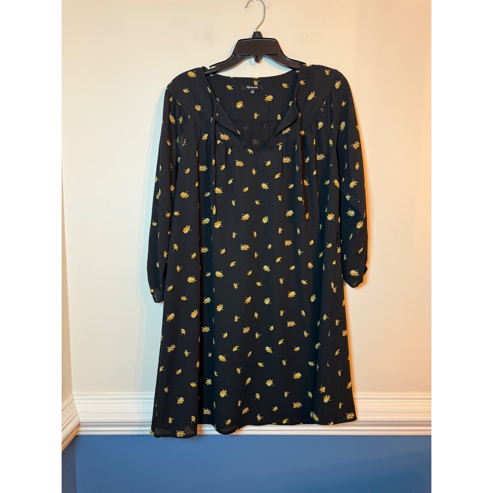 Madewell Dress Women XS Black Floral Tie Neck Long Sleeve Shift Mini